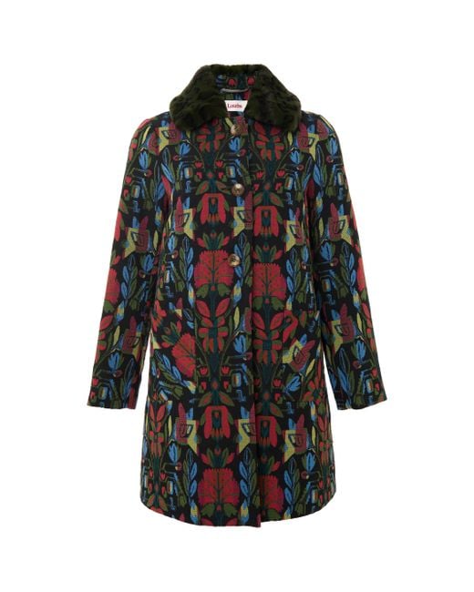 Louche Black Dryden Folk Jacquard Fur Collared Coat