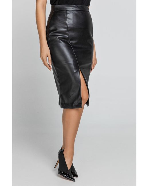 Conquista Black Faux Leather Pencil Skirt By Fashion