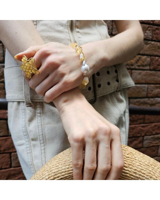 Farra Metallic Faceted Citrine With Baroque Pearl Adjustable Bracelet