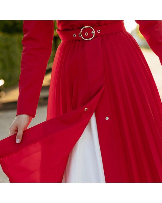 RainSisters Red Fit & Flare A-Line Coat With Pleated Skirt: Scarlet Waltz