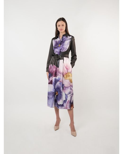 John Abgin Purple Satin Placement Print Floral Midi Shirt Dress