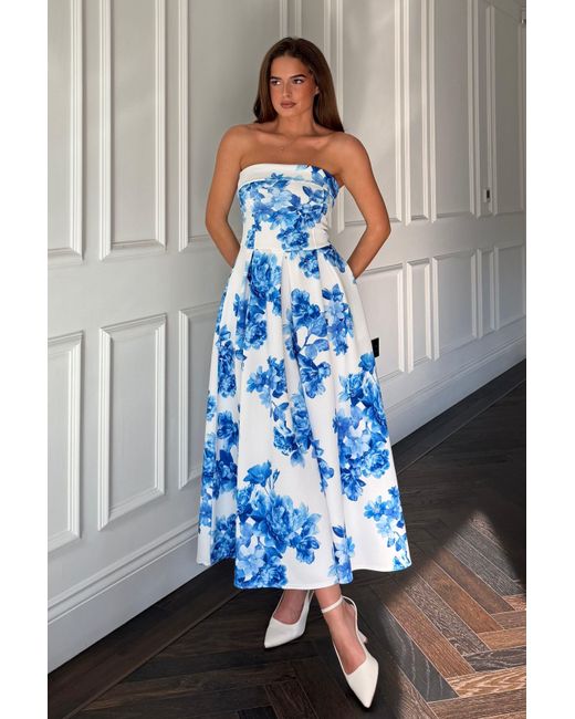 Girl In Mind Blue Danni Strapless Bandeau Midi Dress Floral