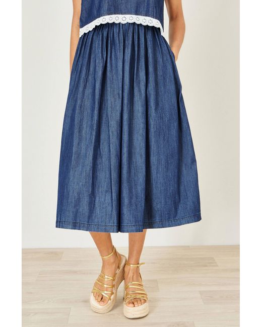 Yumi' Blue Denim Chambray Gathered Midi Skirt