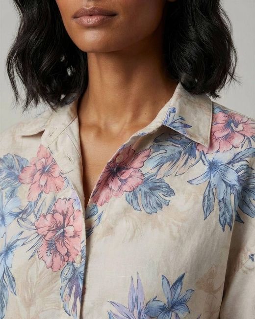 Lords of Harlech Gray Neutrals Lara Exotic Floral Natural Linen Printed Shirt