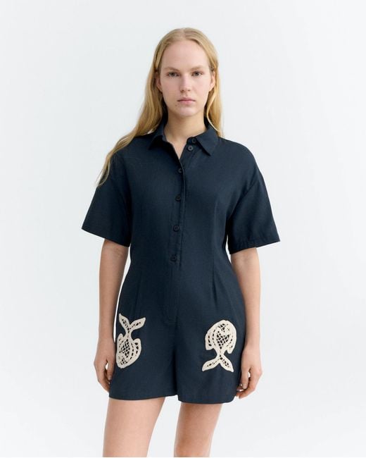 Thinking Mu Blue Fish Roberta Hand Embroidered Jumpsuit