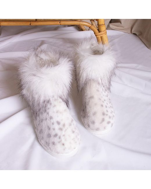 Pretty You London White Cosy Bootie Slipper Fern In Snow Leopard