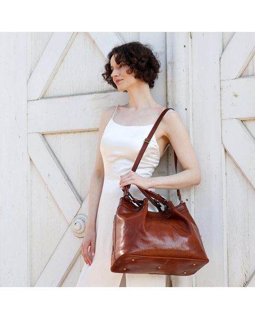 Time Resistance Brown Cognac Leather Tote Bag For