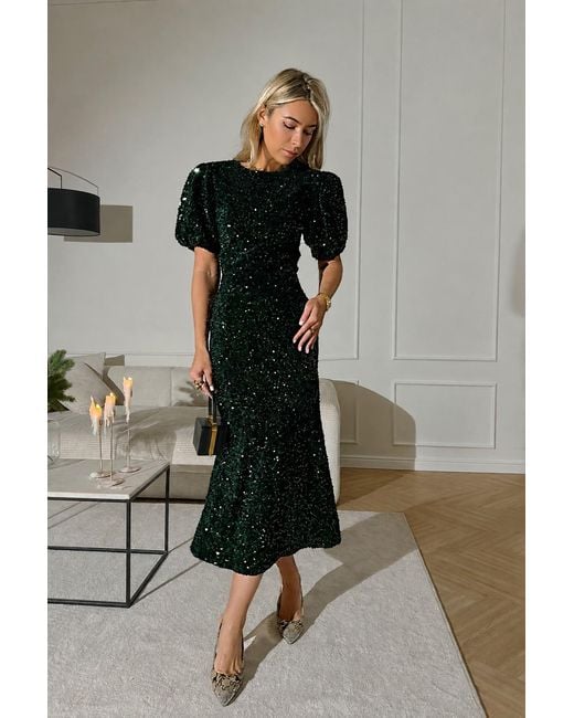 POST MERIDIEM Black Emerald Decorated Velvet Puff Sleeve Midi Dress