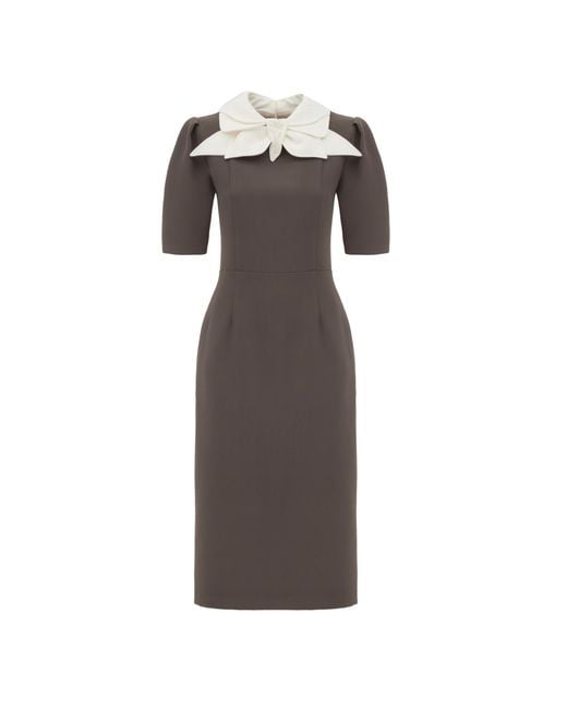 Julia Allert Brown Elegant Midi Dress With Contrast Bow Collar – Taupe