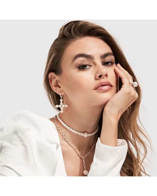 Ora Pearls Metallic Aelia Cross Pearl Hoop Earrings