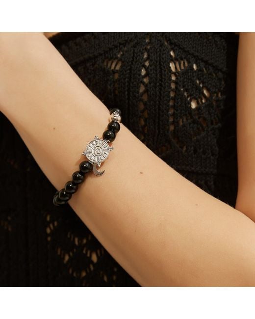 Aurozia Black Three Charms Solar Meridian Whitegold Plated Sundial And The Sun Coin Agate Beaded Bracelet