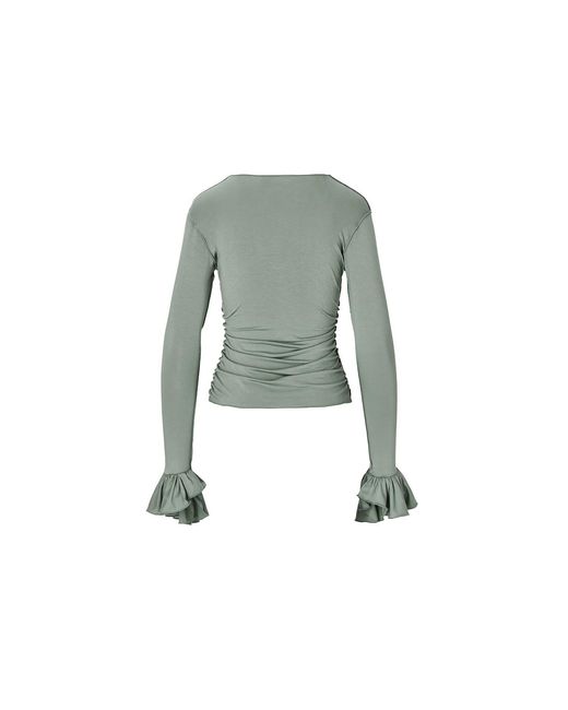 Mandragora Green Viscose Longsleeve With Ruffles And A Decorative Rose – Rosalie Khaki