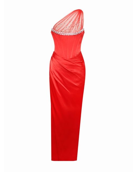 Miss Circle New York Red Lora Scarlet Crystal Embellished Mesh Satin Corset Gown