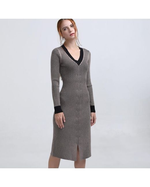Smart and Joy Brown Bi Color V Neck Jumper Dress