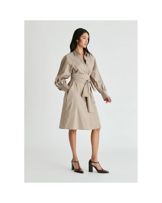 Paisie Natural Neutrals Striped Volume Sleeve Shirt Dress With Matching Tie Belt