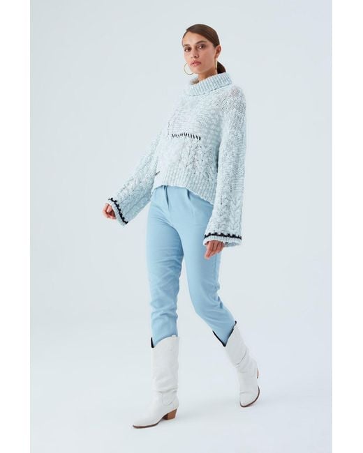 Peraluna Blue Ilda Pure Cotton Embroidered Cable Knit Pullover