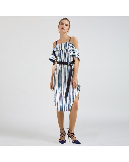 Smart and Joy Blue Stripe Print Cold Shoulder Dress