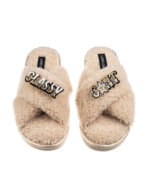 Laines London Natural Neutrals Laines Neutral Boucle Slippers With Classy Cunt Brooches