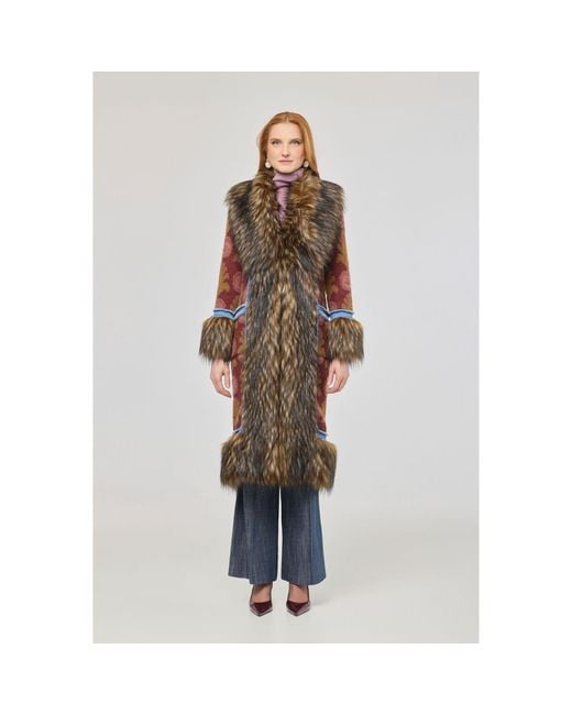 The Extreme Collection Brown Multicolour Long Knit Coat With Faux Fur Piper