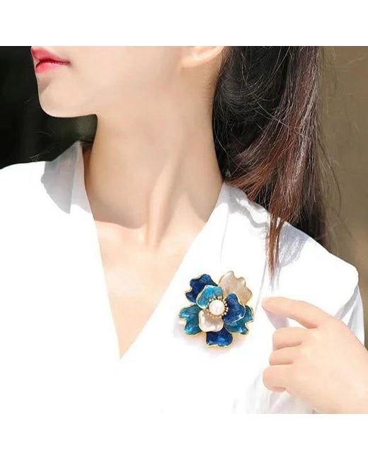 Angel Barocco Blue Enamel Peony Freshwater Pearl Brooch