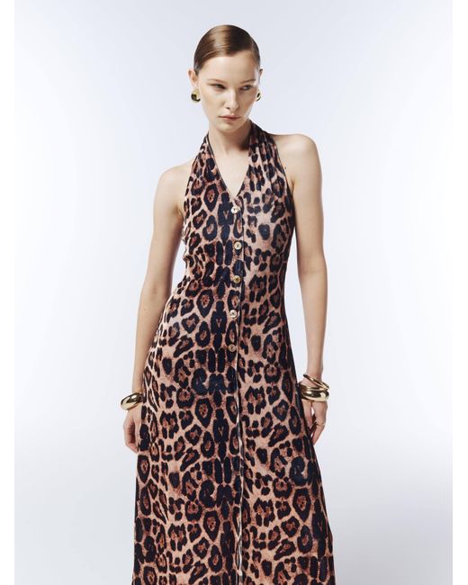 Sour Figs Brown Neutrals Button-Front Halterneck Leopard Velvet Maxi Dress