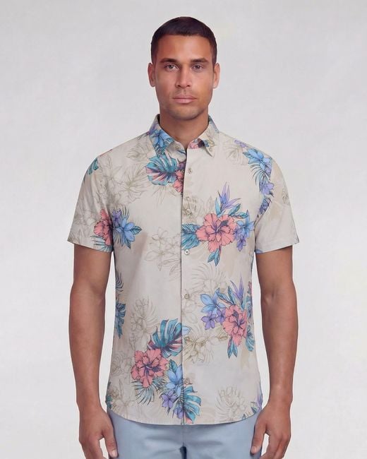 Lords of Harlech Blue Neutrals Todd Exotic Floral Neutral Knit Shirt for men