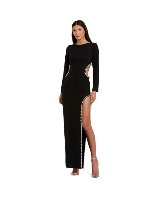 Mac Duggal Black Long Sleeve Crepe Gown With Embellished Cut Outs