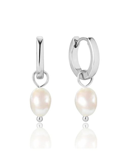 Unaloe White Hoop Earrings With Natural Pearl Pendant