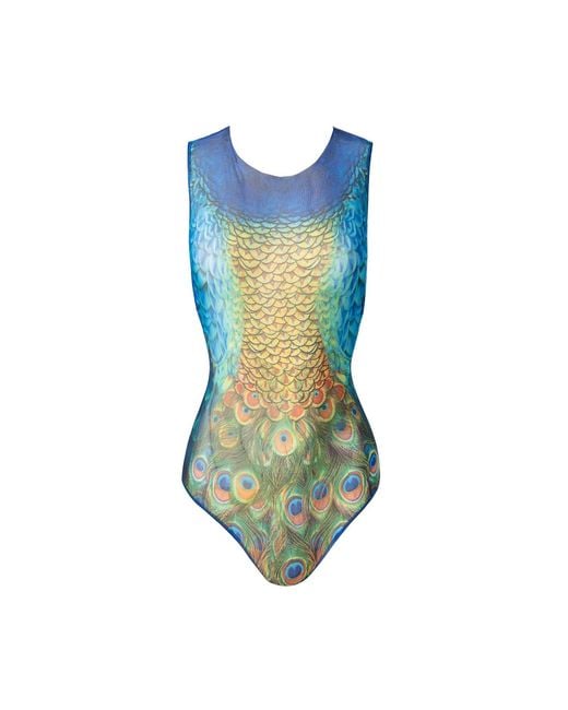 Rodasoleil Smart Swimwear Blue Tan-Through Mesh One-Piece Sleeveless Swimsuit Peacock Mayura