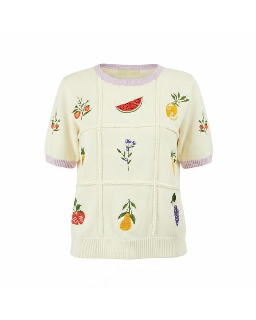 Yumi' Metallic Ivory Fruit Cotton Knitted Top