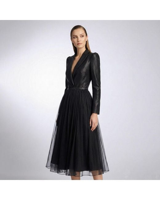 AVENUE No.29 Black Silk V Neck Lapel Dress With Gathered Midi Skirt –