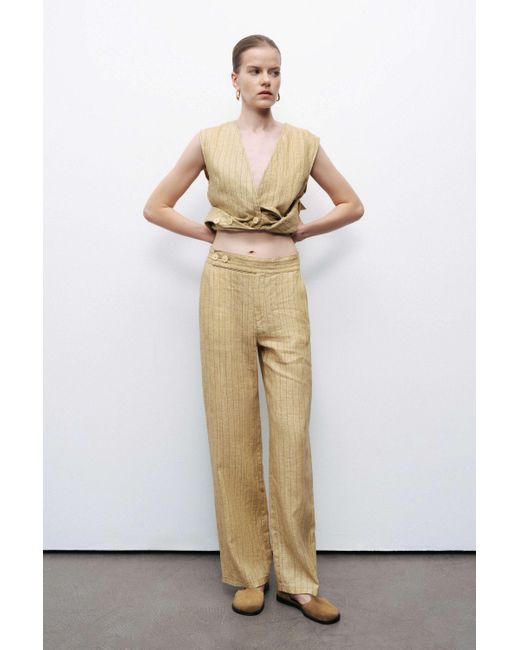 Nocturne Green Neutrals Linen Striped High-Waist Pants