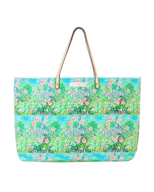 Evelyn & Kate Green Roses On Classic Canvas Tote With Leather Straps
