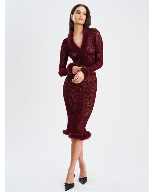 Miss Circle New York Red Hali Burgundy Animal Print Burnout Velvet Fur Trim Top