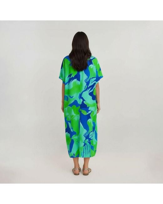 Haris Cotton Green Curve A-Line Cami Printed Linen Dress With Batwing Sleeve Lagoon