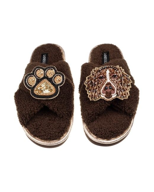 Laines London Brown Neutrals Laines Neutral Boucle Slippers With Duke The Spaniel & Paw Brooches