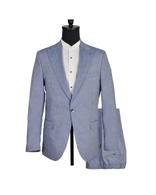 DAVID WEJ Blue Hugo Linen Single Breasted Suit for men
