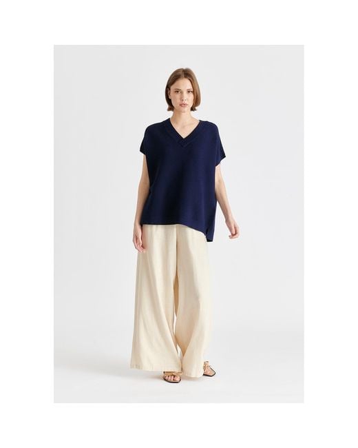 Paisie Blue V-Neck Sleeveless Ribbed Jumper