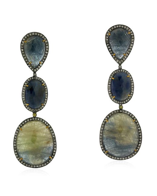 Artisan Green Three Tier Multi Sapphire & Diamond In 18k 925 Silver Fashion Dangle Earrings