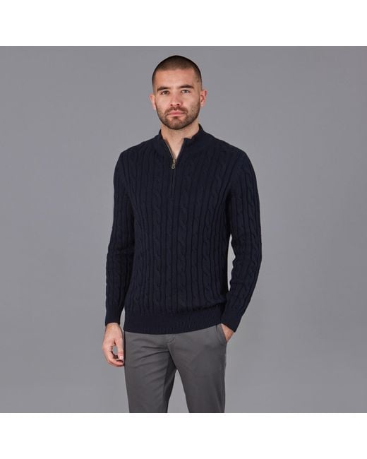 Paul James Knitwear Blue Midweight Romano Cotton Cable Zip Neck Jumper for men