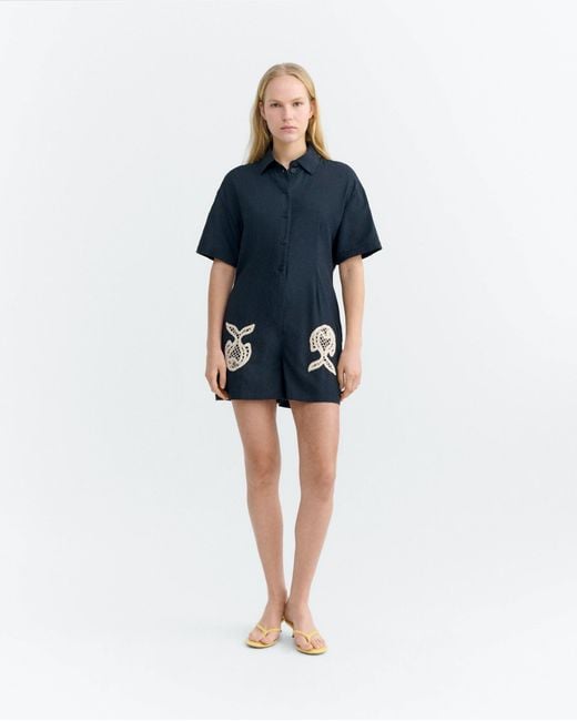 Thinking Mu Blue Fish Roberta Hand Embroidered Jumpsuit