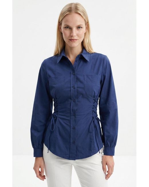 Exquise Blue Arcene Fitted Waist Balloon Sleeve Shirt