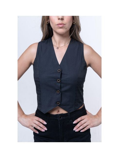 House of Gl Black Sage Cotton Check Tailored Vest Top With V-Neck And Button Front