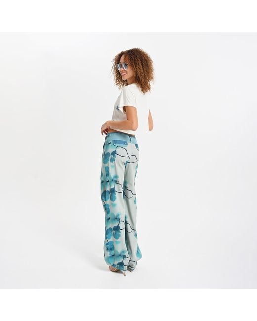 Lalipop Design Blue Stylised Floral Wide-Leg Pants