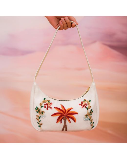 Laura Slings Pink Beaded Shoulder Bag With Palm Tree & Flowers Embroidery And Embellished Details