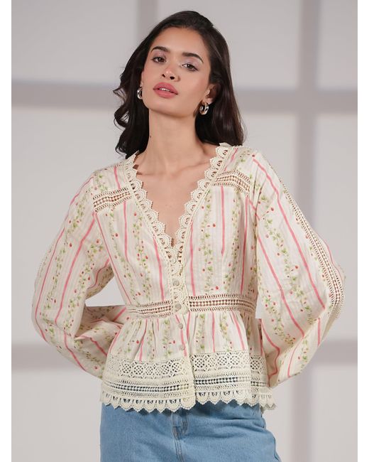 Rose & Nancy Natural Neutrals Ellen Crochet Trim Cotton Blouse