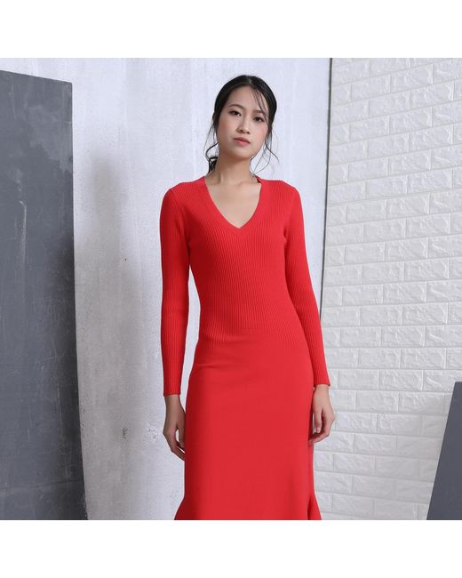 Smart and Joy Red Slim V-Neck Sweater Midi Dress
