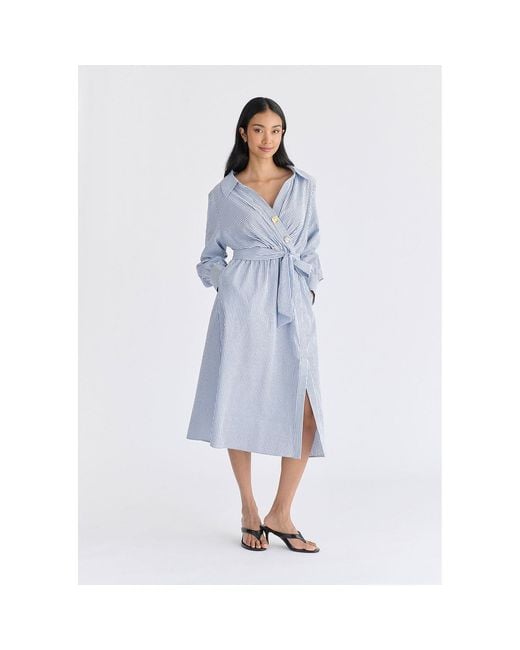 Paisie Blue Wrap Midi Shirt Dress With Metallic Button Details