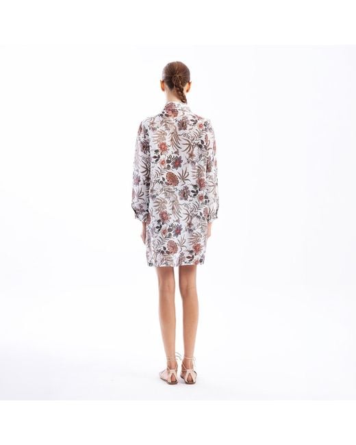 Haris Cotton Red Longline Printed Linen Blend Shirt With Long Sleeves Garden