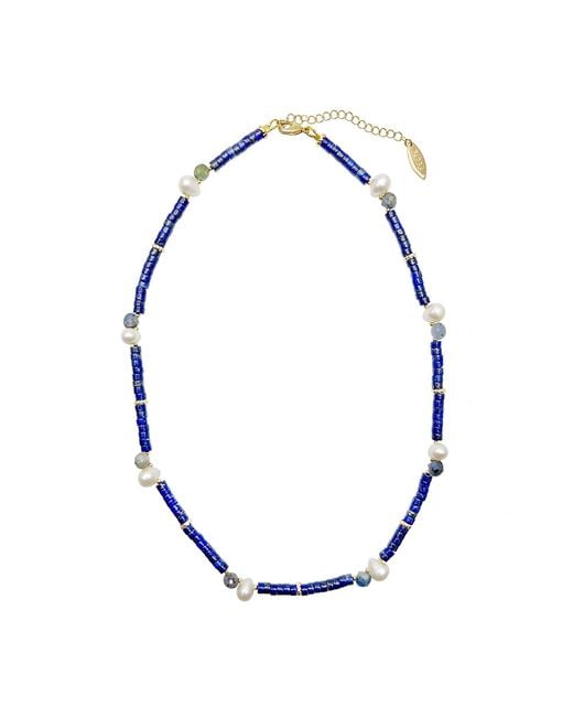 Farra Blue Lapis With Teardrop Pearls Dainty Necklace